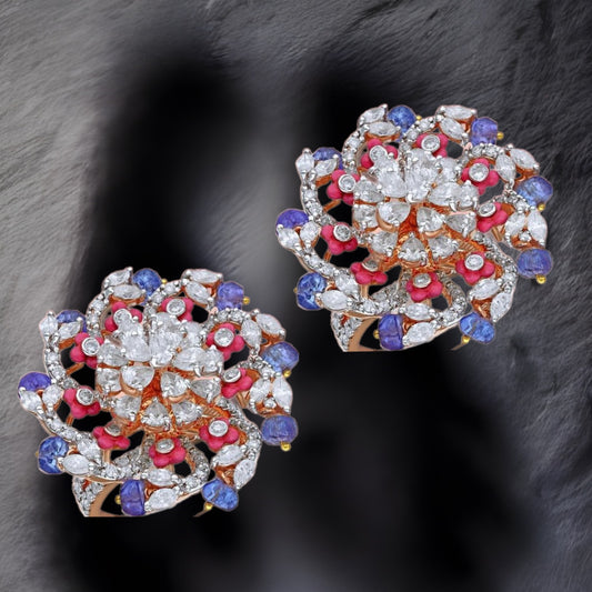 Tanzanite Studs - Diamond Studs - Cocktail Jewelry - 925 silver Jewelry , South Indian Jewelry,bridal choker,Indian Wedding Jewelry,pure Silver indian jewelry - SHABURIS