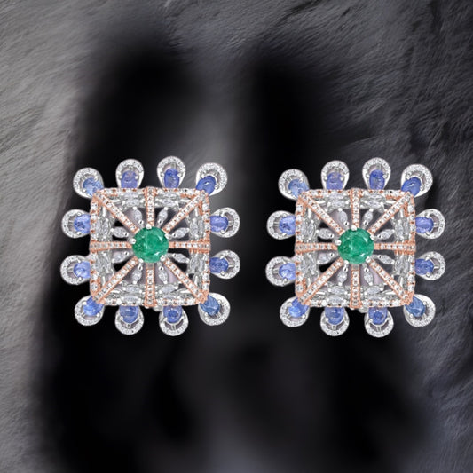 Tanzanite Studs - Diamond Studs - Cocktail Jewelry - 925 silver Jewelry , South Indian Jewelry,bridal choker,Indian Wedding Jewelry,pure Silver indian jewelry - SHABURIS