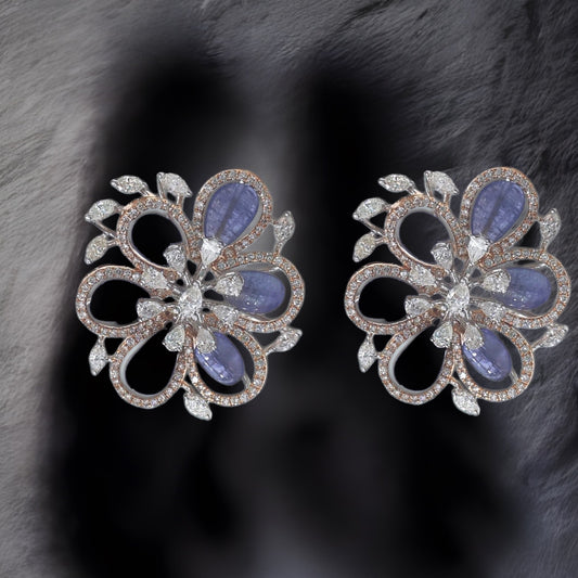 Tanzanite Studs - Diamond Studs - Cocktail Jewelry - 925 silver Jewelry , South Indian Jewelry,bridal choker,Indian Wedding Jewelry,pure Silver indian jewelry - SHABURIS