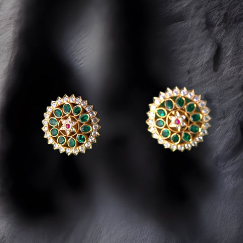 Emerald Studs - Antique Jewelry - Nakshi Studs - 925 silver Jewelry , South Indian Jewelry,bridal choker,Indian Wedding Jewelry,pure Silver indian jewelry - SHABURIS