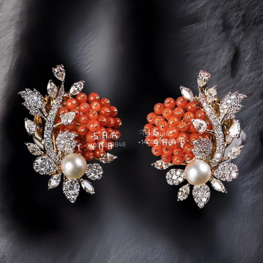 Coral Studs - Cocktail Earrings - Diamond Studs - 925 silver Jewelry , South Indian Jewelry,bridal choker,Indian Wedding Jewelry,pure Silver indian jewelry - SHABURIS