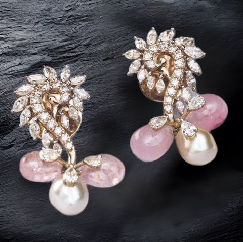Pink Studs - Diamond Studs - Cocktail Jewelry - 925 silver Jewelry , South Indian Jewelry,bridal choker,Indian Wedding Jewelry,pure Silver indian jewelry - SHABURIS