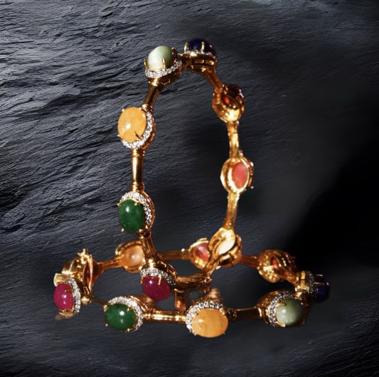 Navaratan Bangles - Diamond Bangles - 925 Silver Jewelry - 22ct Gold Plated - CZ Bangles - South indian diamond Bangles design