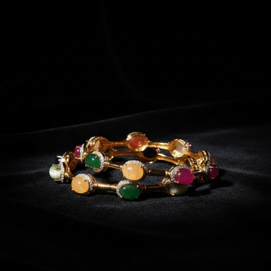 Navaratan Bangles - Diamond Bangles - 925 Silver Jewelry - 22ct Gold Plated - CZ Bangles - South indian diamond Bangles design