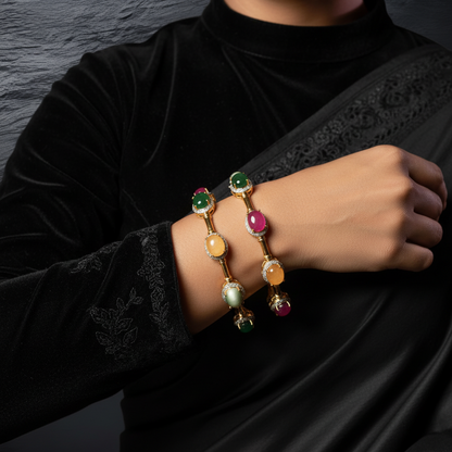 Navaratan Bangles - Diamond Bangles - 925 Silver Jewelry - 22ct Gold Plated - CZ Bangles - South indian diamond Bangles design