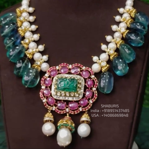 Emerald Set diamond necklace 925 silver jewelry 22k gold plated - SHABURIS