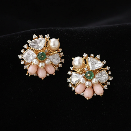 Polki Studs Polki Earrings Cocktail Earrings Diamond Studs Diamond Earrings Simple Studs Pearl Studs 925 Silver Earrings Silver Jewelry - SHABURIS