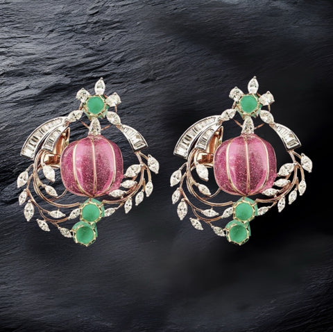 Emerald Studs - Diamond Studs - Cocktail Jewelry - 925 silver Jewelry , South Indian Jewelry,bridal choker,Indian Wedding Jewelry,pure Silver indian jewelry - SHABURIS