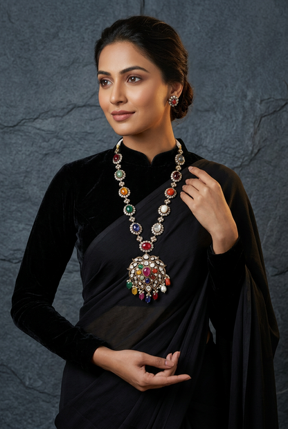 Navaratan Necklace - Cocktail Necklace - Tassel Necklace - 925 silver Jewelry,South Indian Jewelry,bridal choker,Indian Wedding Jewelry,pure Silver indian jewelry - SHABURIS