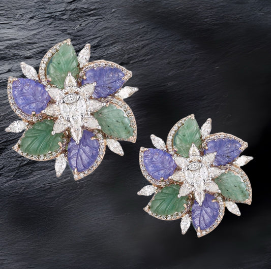Tanzanite Studs - Diamond Studs - Cocktail Jewelry - 925 silver Jewelry , South Indian Jewelry,bridal choker,Indian Wedding Jewelry,pure Silver indian jewelry - SHABURIS