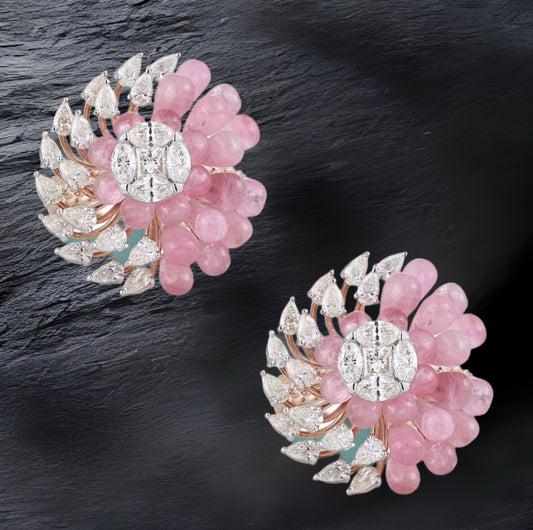 Pink Studs - Diamond Studs - Cocktail Jewelry - 925 silver Jewelry , South Indian Jewelry,bridal choker,Indian Wedding Jewelry,pure Silver indian jewelry - SHABURIS
