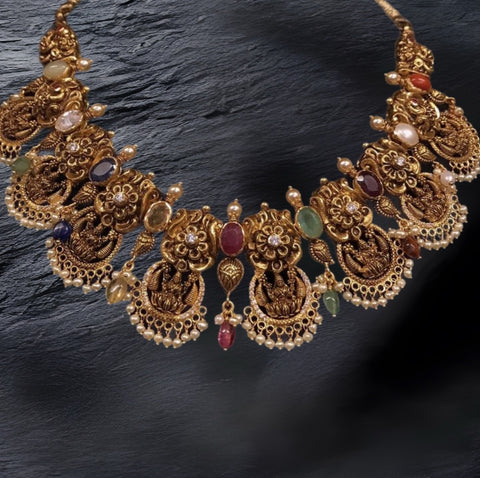Navaratan Guttapusalu Necklace - Nakshi Necklace - Antique Necklace - 925 silver Jewelry,South Indian Jewelry,bridal choker,Indian Wedding Jewelry,pure Silver indian jewelry - SHABURIS