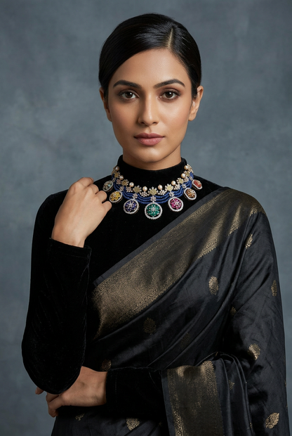 Navaratan Necklace - Cocktail Necklace - Blue Saphire Necklace - 925 silver Jewelry,South Indian Jewelry,bridal choker,Indian Wedding Jewelry,pure Silver indian jewelry - SHABURIS