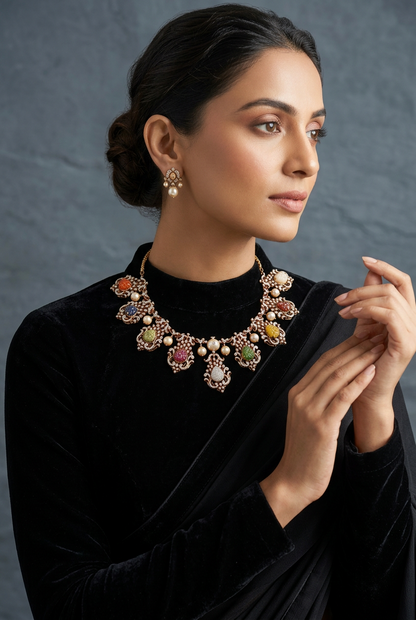 Navaratan Necklace - Cocktail Necklace - Blue Saphire Necklace - 925 silver Jewelry,South Indian Jewelry,bridal choker,Indian Wedding Jewelry,pure Silver indian jewelry - SHABURIS