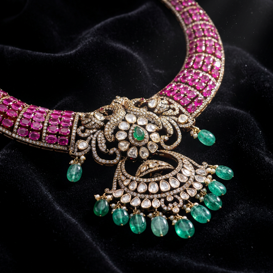 Ruby Kante Necklace - Cocktail Necklace - Blue Saphire Necklace - 925 silver Jewelry,South Indian Jewelry,bridal choker,Indian Wedding Jewelry,pure Silver indian jewelry - SHABURIS