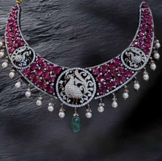 Ruby Kante Necklace - Cocktail Necklace - Blue Saphire Necklace - 925 silver Jewelry,South Indian Jewelry,bridal choker,Indian Wedding Jewelry,pure Silver indian jewelry - SHABURIS