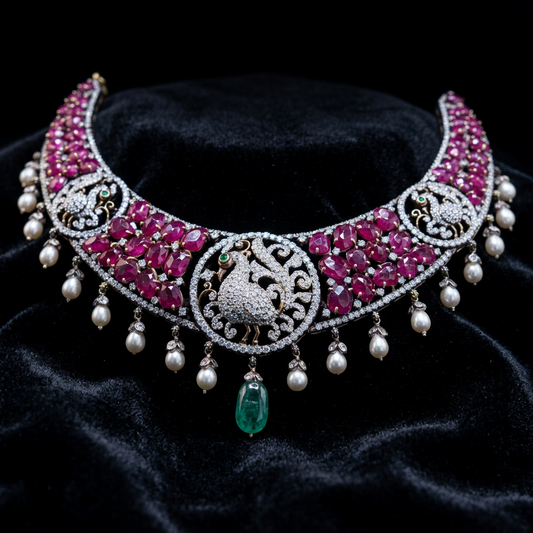 Ruby Kante Necklace - Cocktail Necklace - Blue Saphire Necklace - 925 silver Jewelry,South Indian Jewelry,bridal choker,Indian Wedding Jewelry,pure Silver indian jewelry - SHABURIS