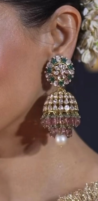 Polki Jhumkas 925 silver jewelry 22k gold plated - SHABURIS
