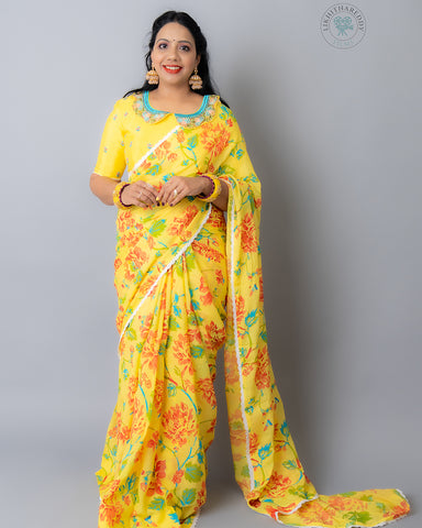 Yellow floral Saree Mehendi Saree Green Saree Peter pan collar blouse Zardhosi work designer blouse -Pattu Saree Blouse -Maggam work blouse - Green Blouse