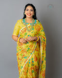Yellow floral Saree Mehendi Saree Green Saree Peter pan collar blouse Zardhosi work designer blouse -Pattu Saree Blouse -Maggam work blouse - Green Blouse
