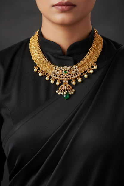Kasu Necklace Nakshi necklace 925 silver jewelry 22k gold plated - SHABURIS