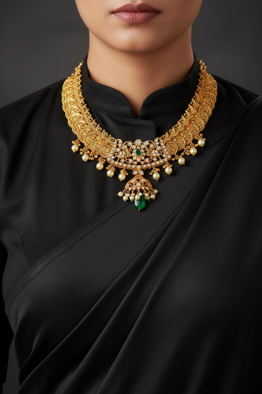 Kasu Necklace Nakshi necklace 925 silver jewelry 22k gold plated - SHABURIS