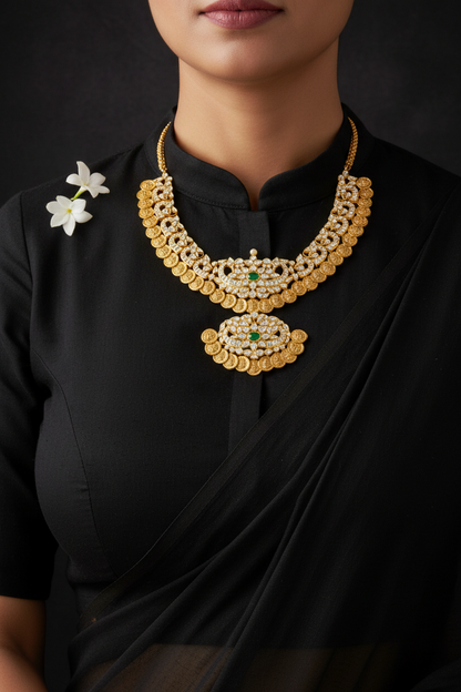 Kasu Mala Polki necklace 925 silver jewelry 22k gold plated - SHABURIS