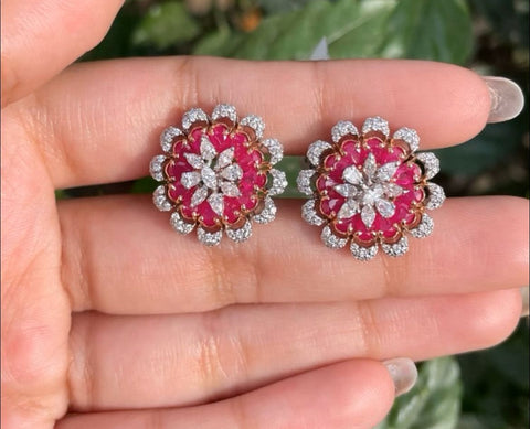 Pink Saphire Studs Polki Studs - Diamond Studs - Cocktail Jewelry - 925 silver Jewelry , South Indian Jewelry,bridal choker,Indian Wedding Jewelry,pure Silver indian jewelry - SHABURIS