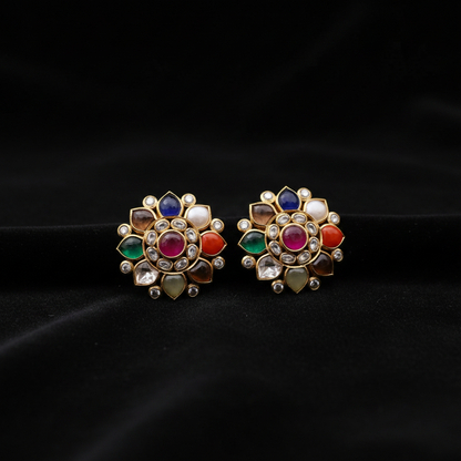 Navaratan Earrings Navaratan Studs Multi Color Stone Earrings Diamond Jhumkas Polki Earrings Diamond Earrings Cocktail earrings 925 Silver Jewelry Silver Earrings - SHABURIS