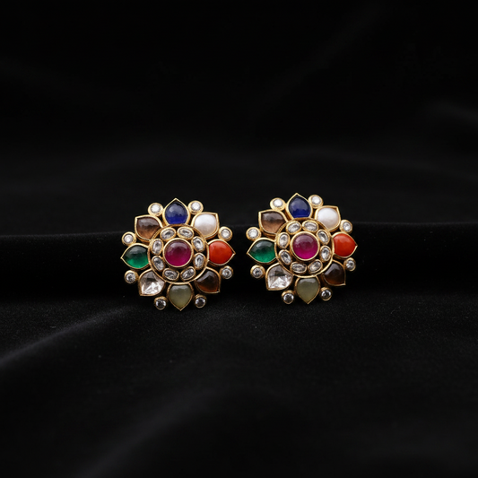 Navaratan Earrings Navaratan Studs Multi Color Stone Earrings Diamond Jhumkas Polki Earrings Diamond Earrings Cocktail earrings 925 Silver Jewelry Silver Earrings - SHABURIS