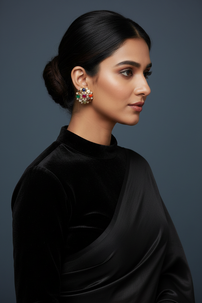 Navaratan Earrings Navaratan Studs Multi Color Stone Earrings Diamond Jhumkas Polki Earrings Diamond Earrings Cocktail earrings 925 Silver Jewelry Silver Earrings - SHABURIS