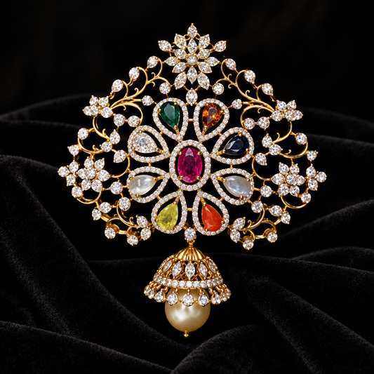 Indian Jewelry,Pure Silver Jewellery Indian ,Navaratan Pendent,Big Indian Pendent,Indian Bridal,Indian Wedding Jewelry-NIHIRA-SHABURIS