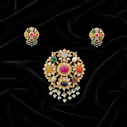 Bollywood Jewelry,Pure Silver Jewellery Indian ,Navaratan Jewelry,Navaratan pendent,Indian Bridal,Indian Wedding Jewelry-NIHIRA-SHABURIS
