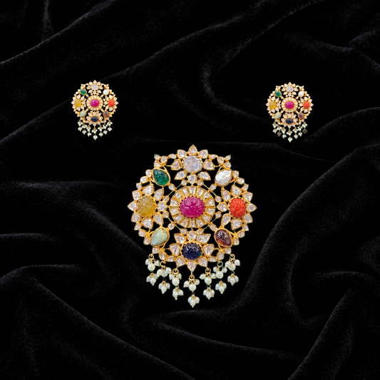 Bollywood Jewelry,Pure Silver Jewellery Indian ,Navaratan Jewelry,Navaratan pendent,Indian Bridal,Indian Wedding Jewelry-NIHIRA-SHABURIS