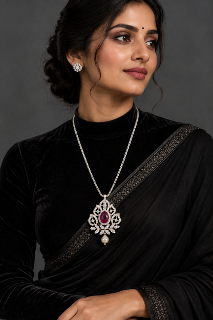 Latest Indian Jewelry,South Indian Jewellery,Pure silver diamond pendent,Swaroski Pendent,Indian Wedding Jewelry -NIHIRA-SHABURIS