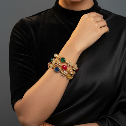 Polki Jewelry,Pure Silver Jewellery Indian ,Moissanite Bangles,Indian Bangles,Navatan Bangles,Multi Color Stone Jewelry,Polki Bangle