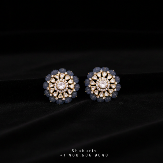Tanzanite Studs Tanzanite Earrings Polki Earrings Big Studs  Diamond Earrings 925 Silver Jewelry Silver Earrings - SHABURIS