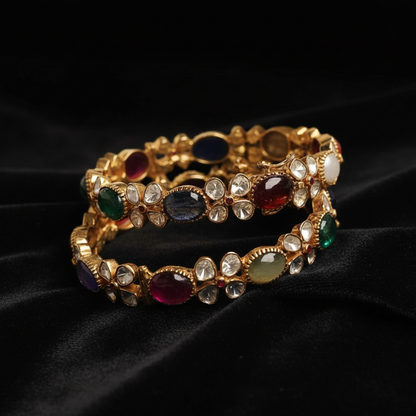 Navaratan Bangles Pure Silver Jewellery Indian ,Moissanite Bangles,Indian Bangles,Navaran Bangles,Multi Color Stone Jewelry,Polki Bangle