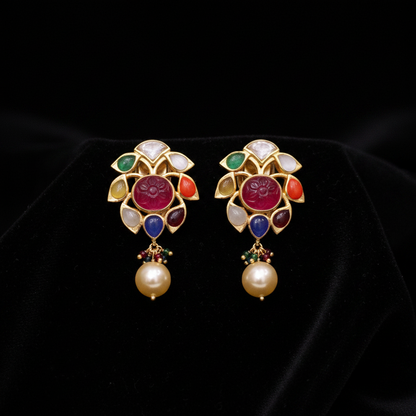 Navaratan Studs Navaratan Jewelry 925 Silver Jewelry Silver Earrings Pearl Studs Diamond Studs Big Studs - SHABURIS
