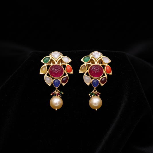 Navaratan Studs Navaratan Jewelry 925 Silver Jewelry Silver Earrings Pearl Studs Diamond Studs Big Studs - SHABURIS