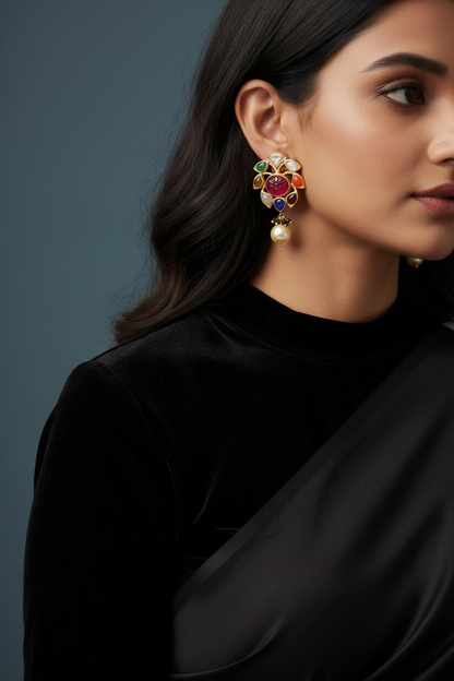 Navaratan Studs Navaratan Jewelry 925 Silver Jewelry Silver Earrings Pearl Studs Diamond Studs Big Studs - SHABURIS