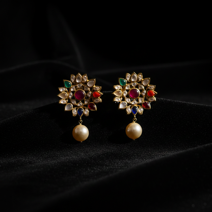 Navaratan Studs Navaratan Jewelry 925 Silver Jewelry Silver Earrings Pearl Studs Diamond Studs Big Studs - SHABURIS