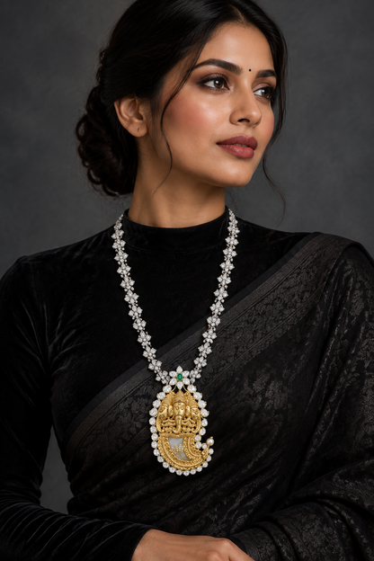 Diamond puligoru design in silver,Pure silver jewelry indian,indian jewelry diamond jewelry inspired,Swarovski design,chain,necklace-NIHIRA