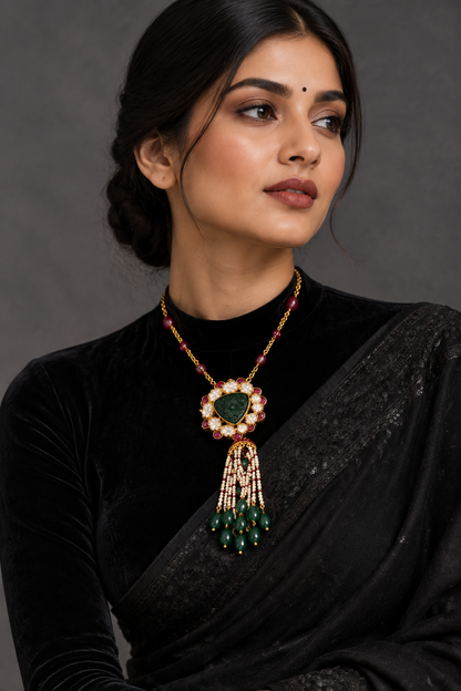 Tassel pendant,swarovski chain,sabyasachi jewelry inspired Traditional indian Jewelery,Polki haram,Pure silver jewelry-NIHIRA
