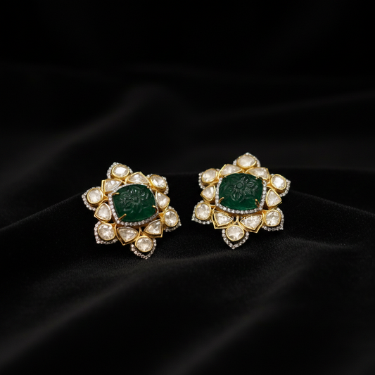 Polki Earrings Big Studs Emerald Earrings Diamond Earrings 925 Silver Jewelry Silver Earrings - SHABURIS