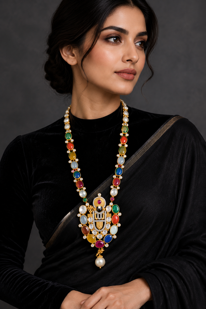 Bollywood Jewelry,Pure Silver Jewellery,Navaratan Balaji Pendent,Big Indian studs,Indian Bridal,Indian Wedding Jewelry-NIHIRA-SHABURIS