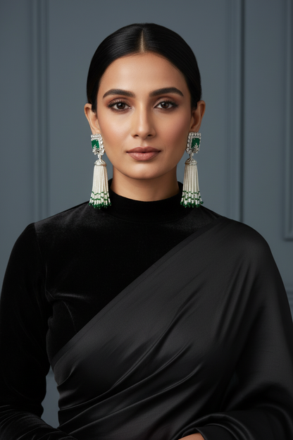 Tassel earrings,swarovski pearls,sabyasachi jewelry inspired Traditional indian Jewelery,Polki earrings,Pure silver jewelry-NIHIRA