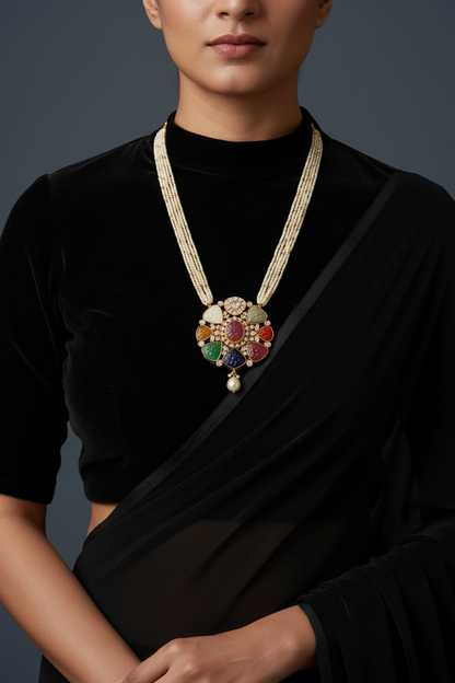 Navaratan necklace,emerald string,ruby kundan,pendent necklace,statement jewelry,indian jewelry,bridal jewelry,Traditional jewelry