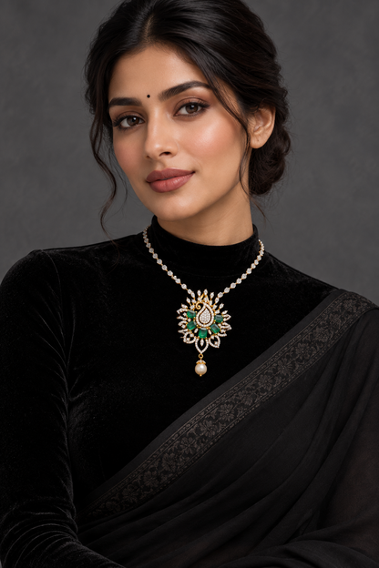 Diamond pendant pure silver jewelry indian jewelry emerald pearl pendant simple jewelry gift jewelry set - SHABURIS
