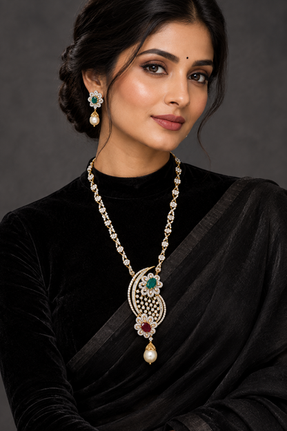 Diamond Pendant indian,South Indian jewelry,Pure silver diamond pendent,swarovski Pendent,Indian Wedding Jewelry -NIHIRA-SHABURIS